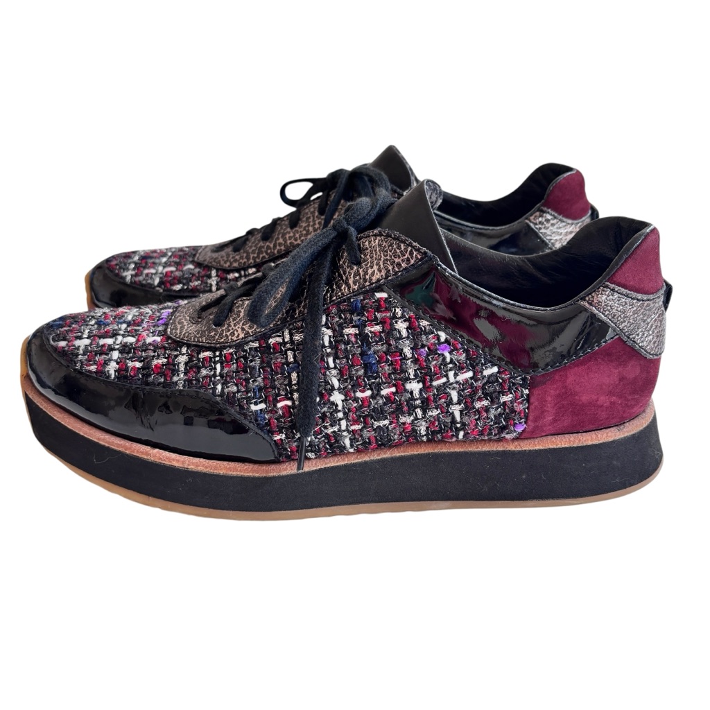Aquatalia Black Gray Burgundy Tweed Patent Leather Jaelyn Sneakers 9.5